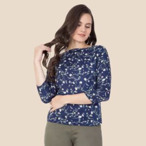 Grabwhole Casual Regular Sleeves Floral Print Women Dark Blue Top