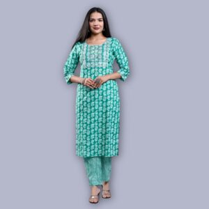 Jaipuri Printed Kurti Pant Set - turquoise
