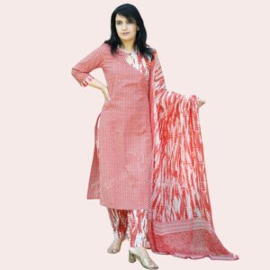 Pure Reyon Slub Kurti, Tie Dye Pants & Dupatta Set