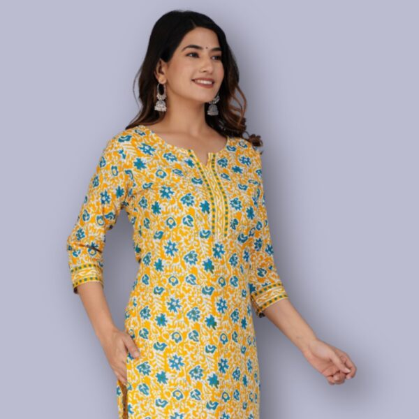 Jaipuri Printed Kurti Pant Set - Yellow - Image 2