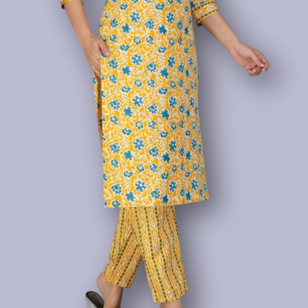 Jaipuri Printed Kurti Pant Set - Yellow - Image 4