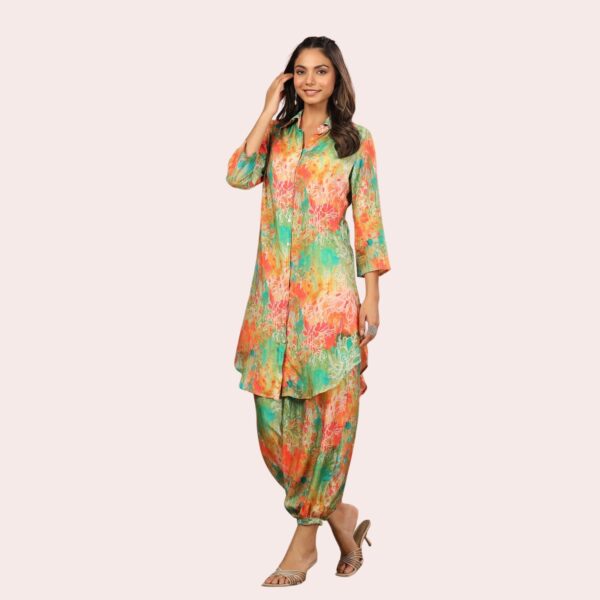 Digital Print Muslin Co-ord Set With Afghani Pants - Green - Image 5