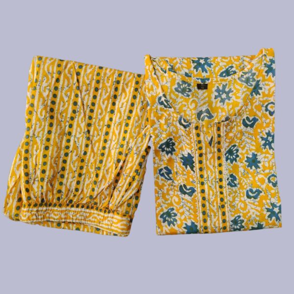 Jaipuri Printed Kurti Pant Set - Yellow - Image 3