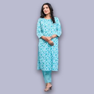 Jaipuri Printed Kurti Pant Set - Blue