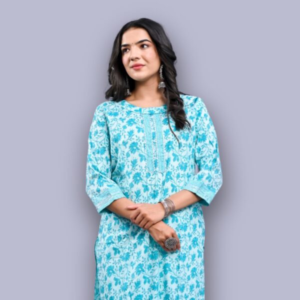 Jaipuri Printed Kurti Pant Set - Blue - Image 2