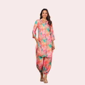 Digital Print Muslin Co-ord Set With Afghani Pants - Pink