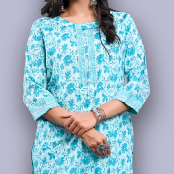 Jaipuri Printed Kurti Pant Set - Blue - Image 3