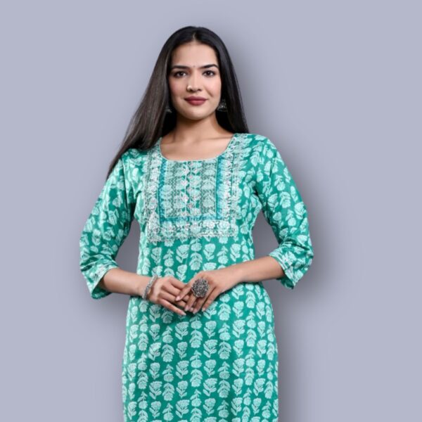 Jaipuri Printed Kurti Pant Set - turquoise - Image 2