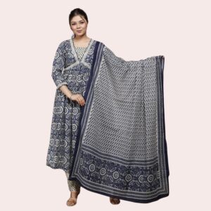 Nayara Cut Kurti with Pant and Printed Dupatta Set - Blue