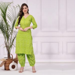 Lahariya Print Kurti with Afgani 100% Pure Cotton - Green