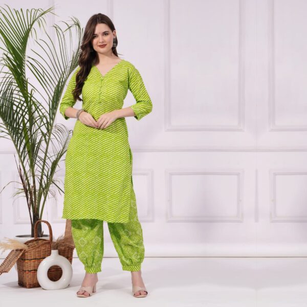 Lahariya Print Kurti with Afgani 100% Pure Cotton - Green
