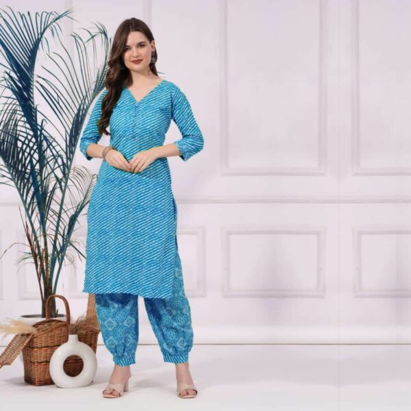 Lahariya Print Kurti with Afgani 100% Pure Cotton - Blue - Image 3