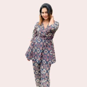 Stylish Azrakh Print Co-ord Set with Pamplem Top & Pants