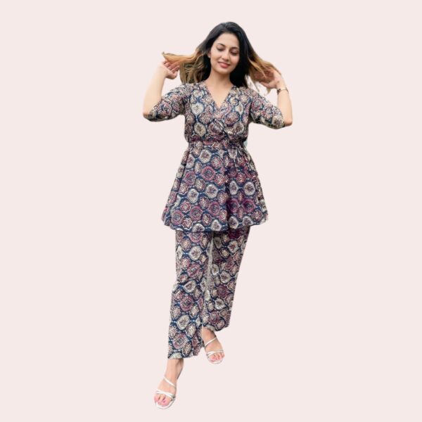 Stylish Azrakh Print Co-ord Set with Pamplem Top & Pants - Image 2