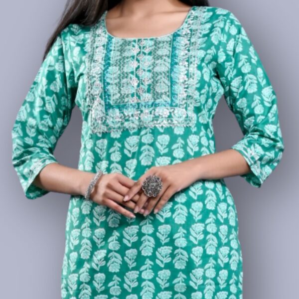 Jaipuri Printed Kurti Pant Set - turquoise - Image 4