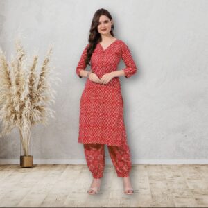 Lahariya Print Kurti with Afgani 100% Pure Cotton - Red