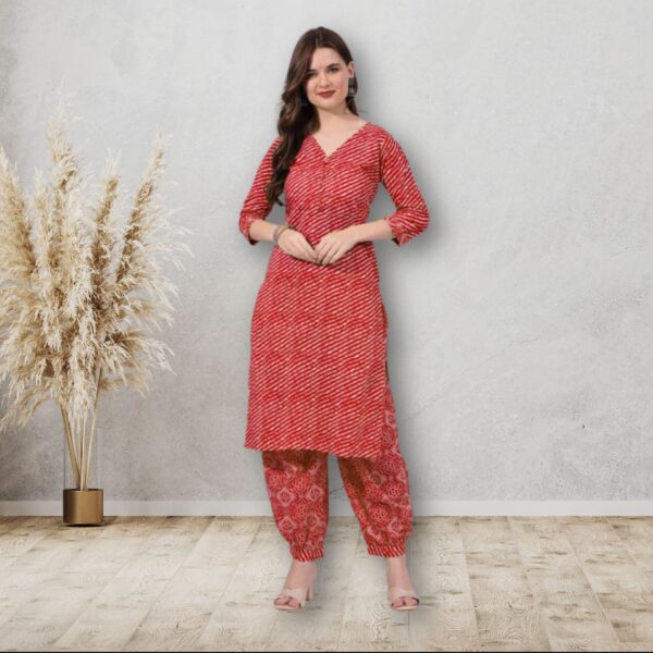 Lahariya Print Kurti with Afgani 100% Pure Cotton - Red