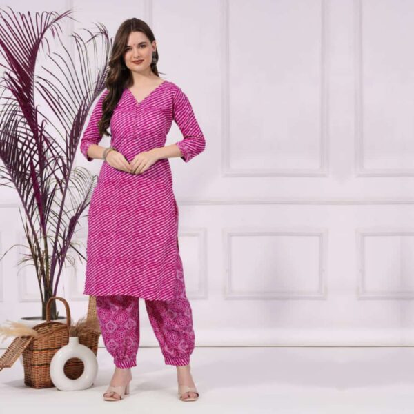 Lahariya Print Kurti with Afgani 100% Pure Cotton - Pink - Image 3