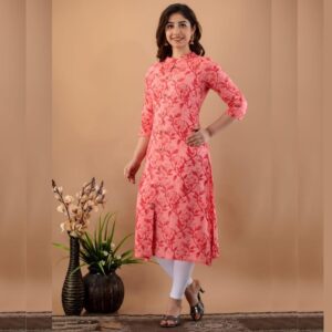 Rayon Printed A-Line Kurti With Side pocket -Red