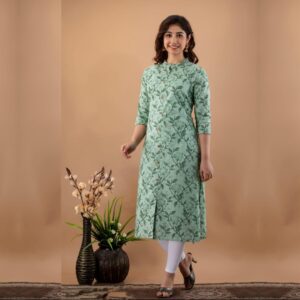 Rayon Printed A-Line Kurti With Side pocket - Green