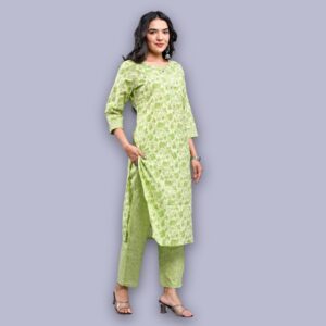 Jaipuri Printed Kurti Pant Set - Green