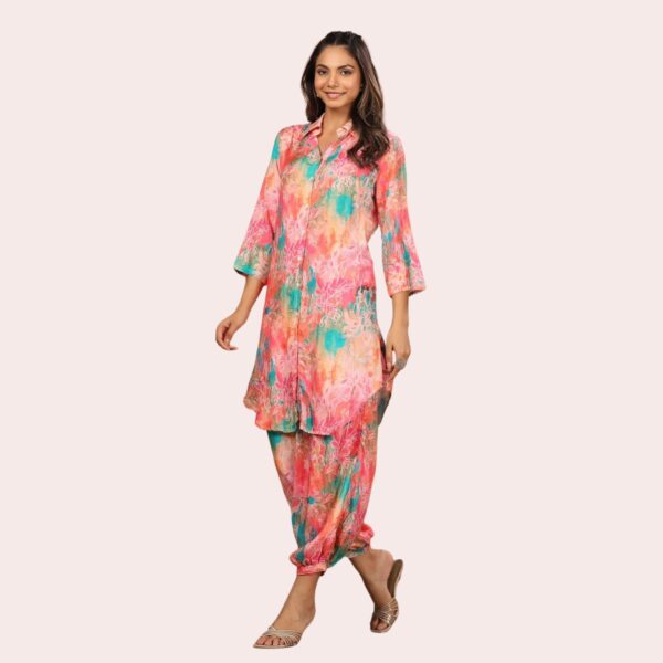 Digital Print Muslin Co-ord Set With Afghani Pants - Pink - Image 2
