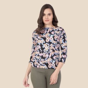 Grabwhole Casual Regular Sleeves Floral Print Women Black Top