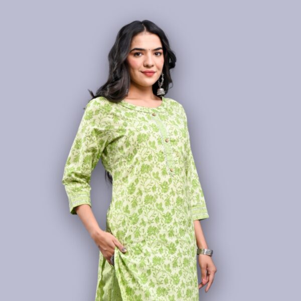 Jaipuri Printed Kurti Pant Set - Green - Image 2