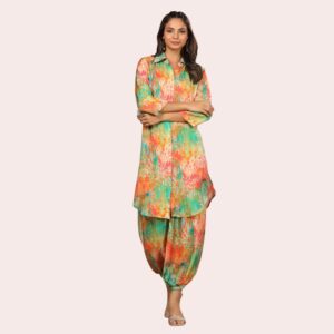 Digital Print Muslin Co-ord Set With Afghani Pants - Green
