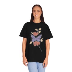 Women's One Line Flower Art Printed T-shirt - Black