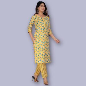 Jaipuri Printed Kurti Pant Set - Yellow