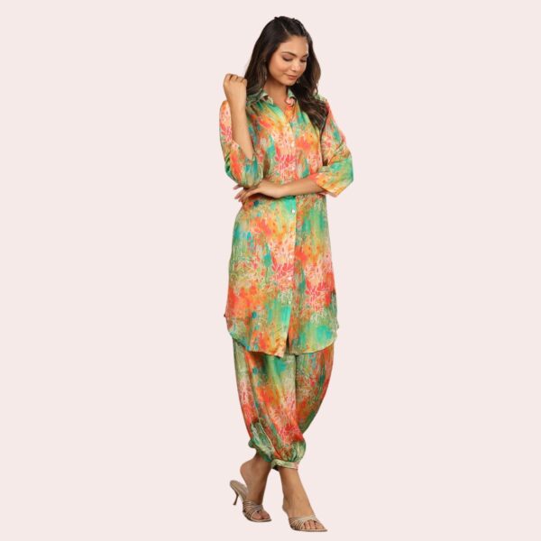 Digital Print Muslin Co-ord Set With Afghani Pants - Green - Image 3