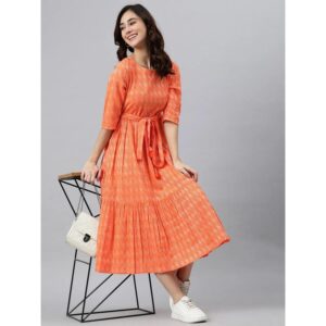 Beautiful Woven Thread Print Cotton Gown - Orange