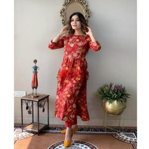 Premium Nayra Cut Kurti with Pant - Red