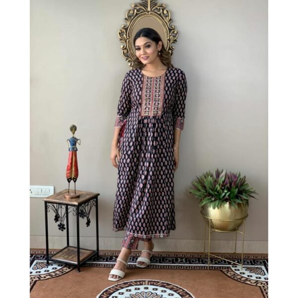 Premium Nayra Cut Kurti with Pant - Black - Image 4