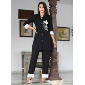 Premium Rayon Black Cord Set with Handwork of Pearls