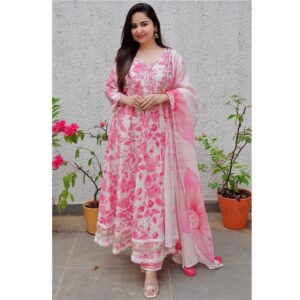 White-Pink Floral A-line Kurti Set with Cotton Dupatta