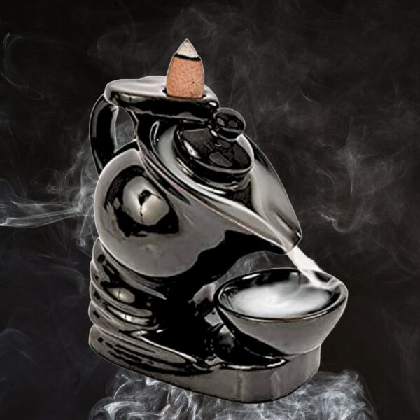 Tea Kettle & Cup Backflow Smoke Fountain Incense Holder with 10 Scented Cones – Polyresin Decorative Burner Showpiece (Black, 10.2x12.5x14 cm) - Image 3