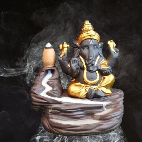 Meditating Ganesha Backflow Smoke Fountain Incense Holder – Golden Decorative Showpiece with 10 Free Scented Cones – Resin Idol for Home Décor & Gifts (10.8 cm) - Image 5