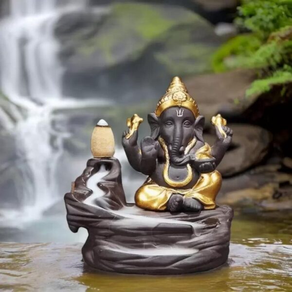 Meditating Ganesha Backflow Smoke Fountain Incense Holder – Golden Decorative Showpiece with 10 Free Scented Cones – Resin Idol for Home Décor & Gifts (10.8 cm) - Image 3