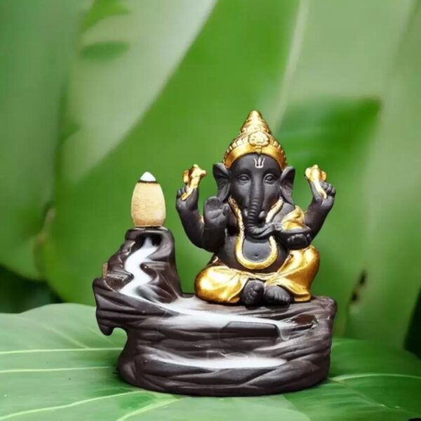 Meditating Ganesha Backflow Smoke Fountain Incense Holder – Golden Decorative Showpiece with 10 Free Scented Cones – Resin Idol for Home Décor & Gifts (10.8 cm) - Image 2