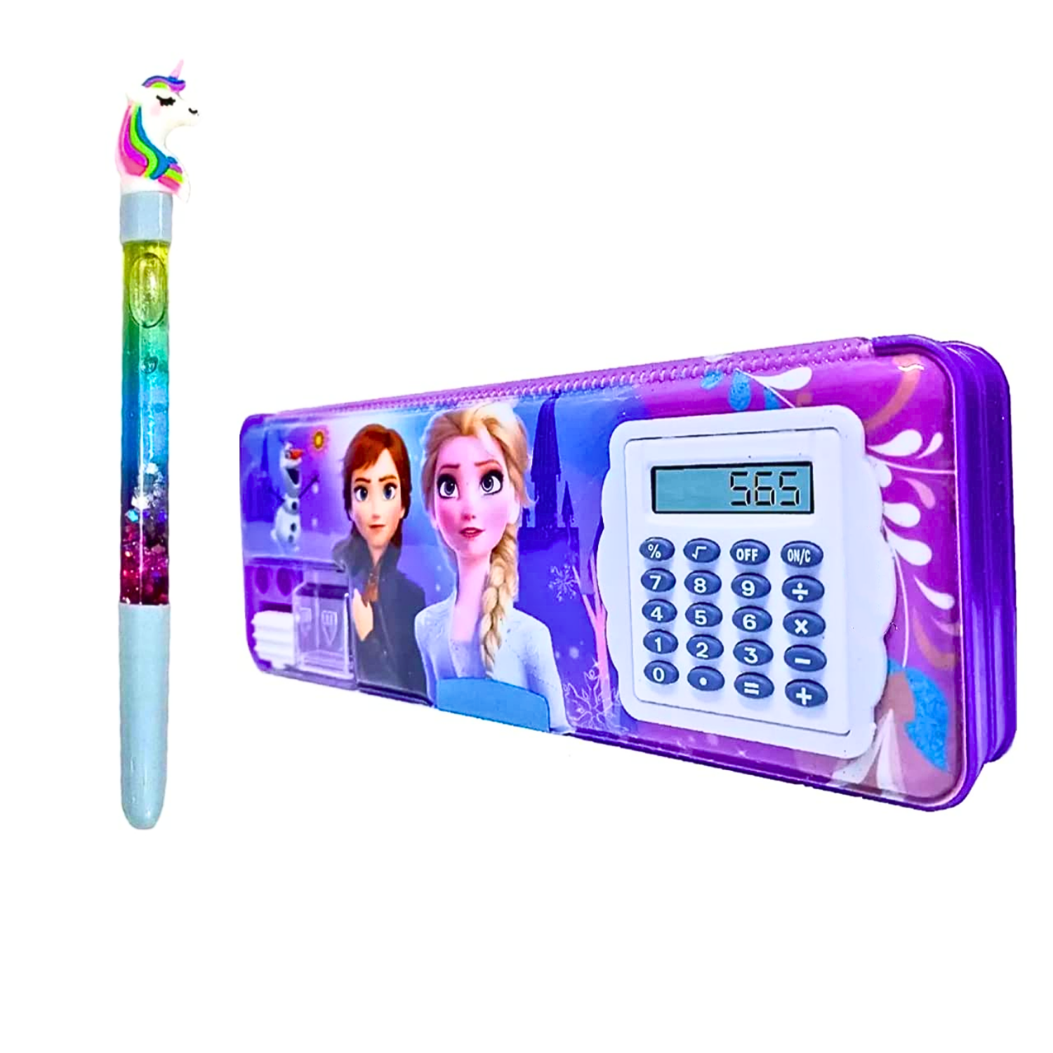 Kids Magnetic Pencil Box with Calculator & Dual Sharpener Frozen-Geo – Free Glitter Pen